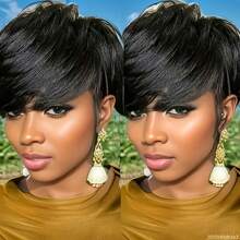 优雅短款精灵短发假发带刘海 150% 密度巴西雷米真人发全机织假发非常适合日常佩戴和派对 6 英寸 - 自然色&黑色系 - 查看 3