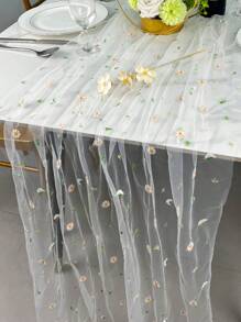 1 件半透明网眼布桌旗，乡村风格花卉刺绣设计，适用于卧室、电视柜、客厅、婚礼