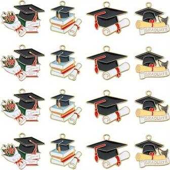 4/8/16 piezas 4 diseños de Charm de birrete con esmalte DIY, para manualidades, elaboración de joyas para la temporada de graduación, fotos de graduación