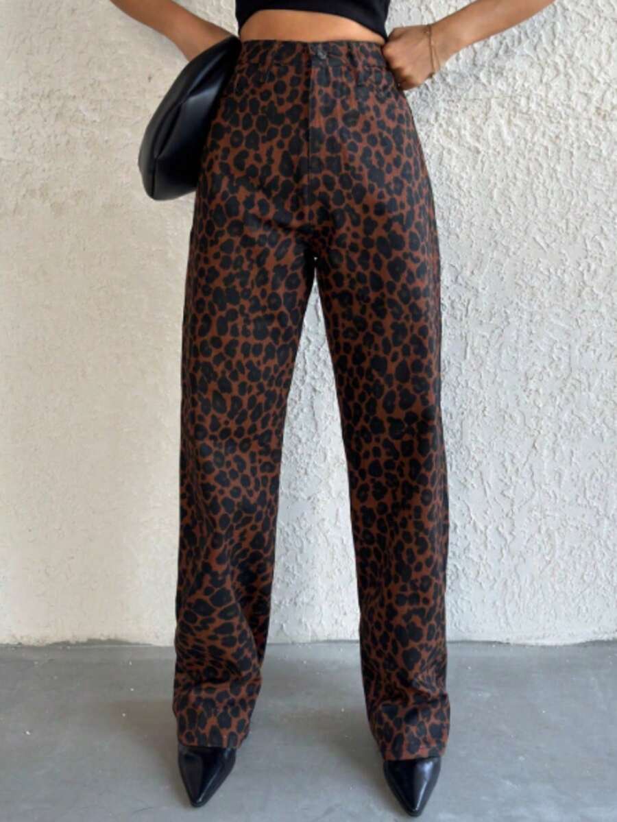 Jeans de tiro alto para mujer con estampado de leopardo, jeans de mezclilla largos, casuales y para uso diario