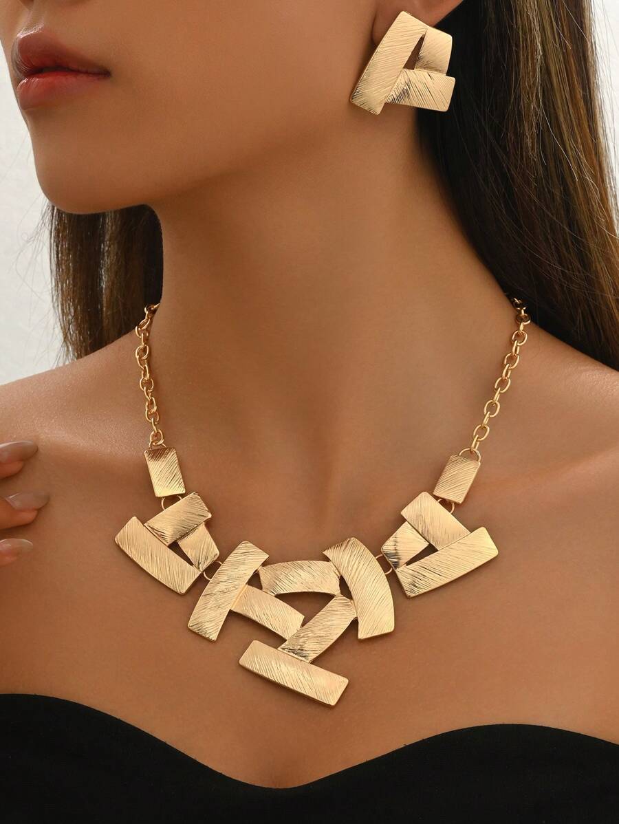 Bộ trang sức 3 chiếc vòng cổ + hoa tai thanh lịch, vòng cổ kim loại thiết kế hình học sáng tạo thời trang, thích hợp cho hàng ngày, tiệc tùng, đám cưới, Ngày của Mẹ làm quà tặng, cảm giác sang trọng - vàng - Xem 1