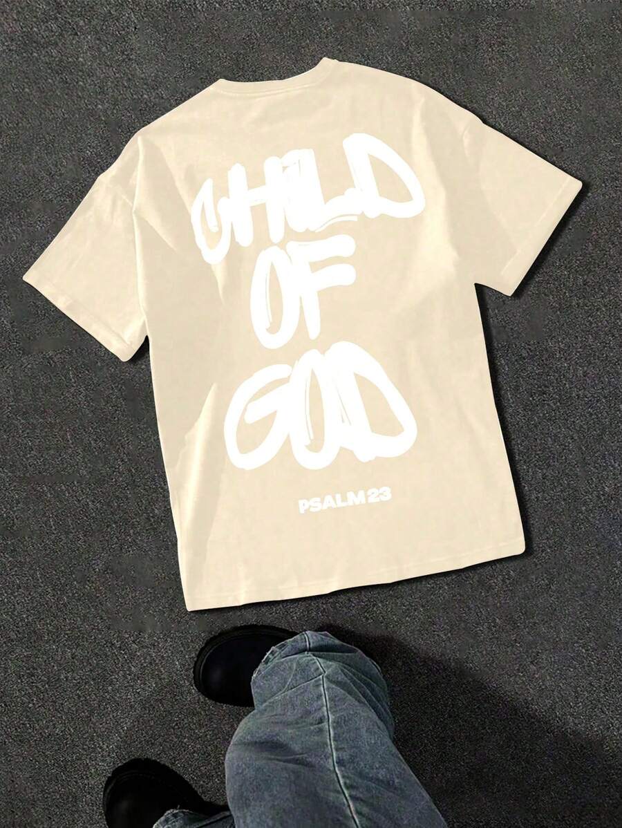 男士时尚街头服饰文字印花黑色宽松短袖 T 恤 - 卡其色 - 查看 1