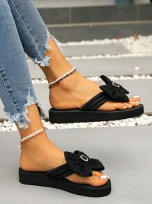 Women's Bow Thong Slippers, Fashion High Heel Flip Flops With Non-Slip Thick Sole, Suitable For Beach, Holiday Vacation, Casual Daily Wear - Black - View 3