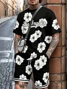 Conjunto casual de camiseta de manga corta con cuello redondo y estampado de letras y flores talla grande talla para hombres, con pantalón corto de cintura con cordón