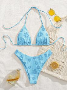 PEPPERMOLLY 新款柔软印花挂脖系带比基尼套装，优雅性感的女士沙滩装，夏季海滩时尚泳装度假装 - 藍色 - 查看 2