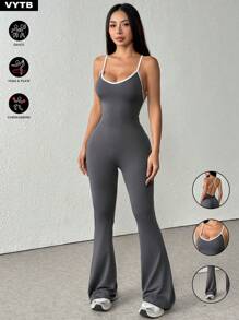 1pc Sleeveless Solid Color Thin Camisole Jumpsuit, Contrast Color Wide Leg Flare Design Casual Sexy Backless Romper