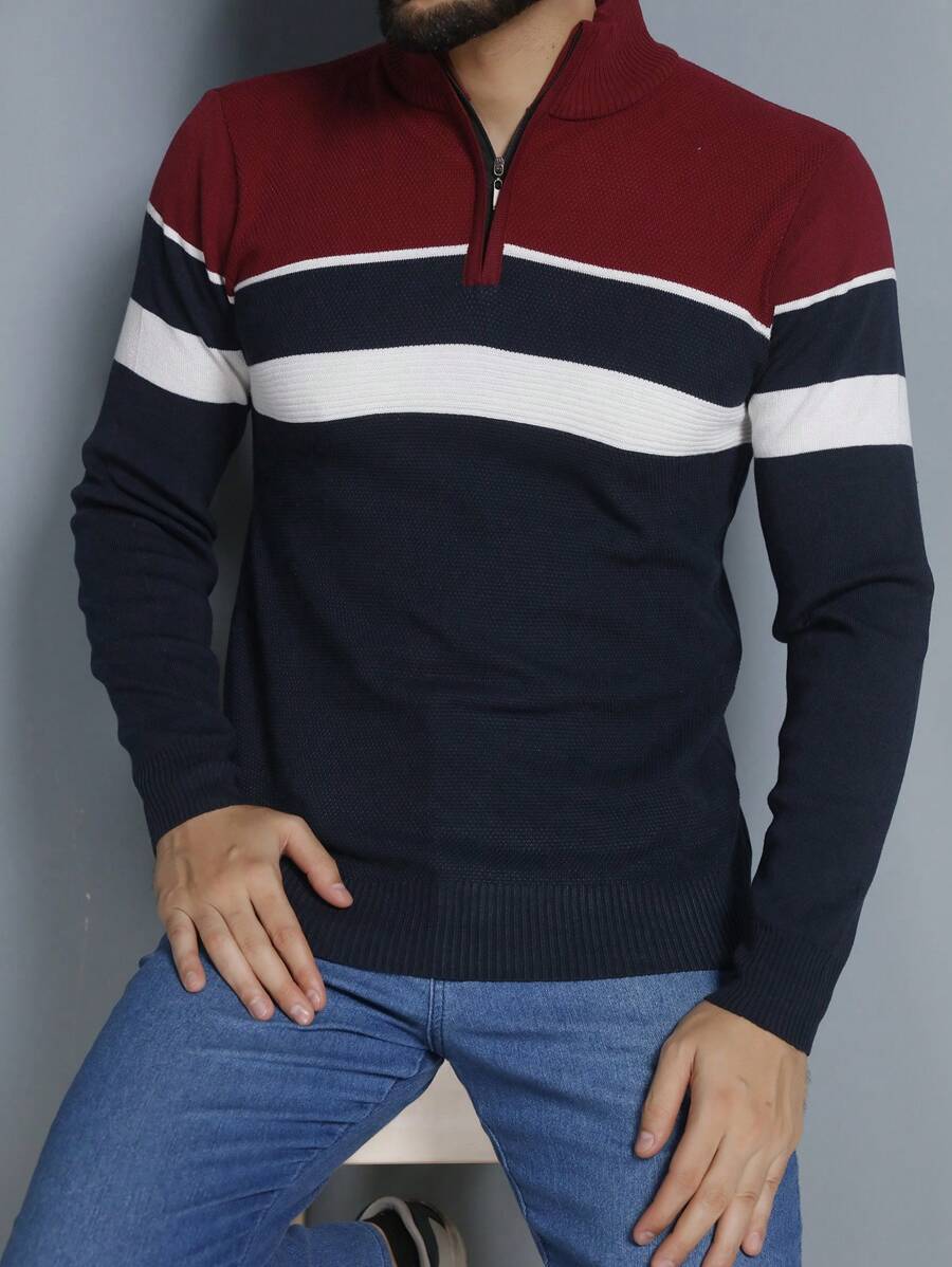 Men's Knitted Sweater Round Neck Autumn Winter Cold Weather Top - Burgundy - View 1