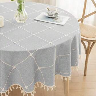 1pc Faux Linen Round Tablecloth, Dust-Proof & Wrinkle-Resistant Table Cover, Washable Tablecloth Suitable For Indoor & Outdoor, Farmhouse Decor, Picnic, Table Decoration, Khaki