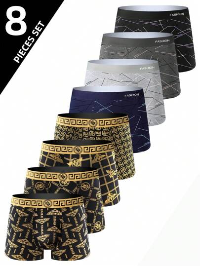8pcs/Pack Men's Luxury Black And Gold Printed Waist Briefs, Line Print Series, Breathable Comfortable Boxers, Elastic Sports Shorts, Casual Durable Underwear For Daily Wear