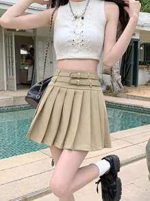"Pleated Skirt. Classic And Super Versatile. Has Lining At The Bottom." - Apricot - View 2