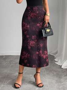 Falda elegante de corte evasé con estampado floral para uso casual diario de mujeres