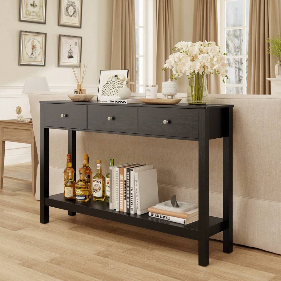 Bealife Console Table With 3 Drawers , Stylish Modern Accent Table With Storage Shelves 3 Tier Solid Wood Entryway Table, Sofa Table For Living Room, Entryway, Hallway, Entry - Black - View 1