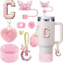 8 piezas de accesorios para taza de 40 oz y 30 oz, incluyendo tapa con pajita, tapa de silicona a prueba de derrames, funda de silicona, cadena con dije de letra, pegatina, gancho en forma de corazón, pompones con forma de corazón y bola de pelo, ideal para camping, regalo del Día de San Valentín, Día de la Madre, útiles escolares