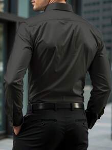 骑士印花男士正装衬衫纯色长袖纽扣衬衫男士，简约衬衣适合办公室会议、婚礼和派对、父亲节、男友礼物 - 黑色 - 查看 2