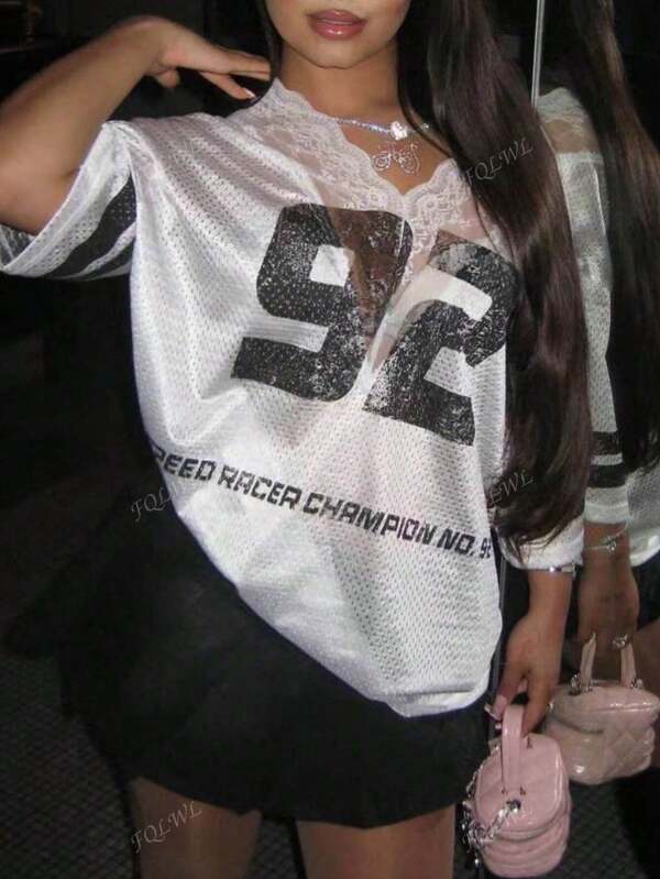 Summer Street Vintage Classic Number T-Shirt Women Lace Patchwork V-Neck Tops Fashion Streetwear Hip-Hop Jersey