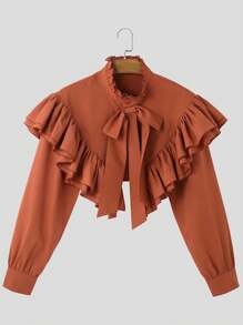 INCERUN Fashion Mens Tie Front Buttons Long Sleeve Ruffle Blouse Holiday Party Casual Shirt Tops - trái cam - Xem 3