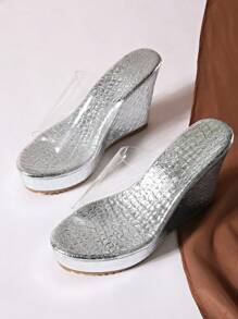 Dép lê đế cao kiểu dáng mới năm 2024 dành cho nữ, giày cao gót đế dày quai trong suốt, thích hợp cho mùa hè, có size lớn. - Bạc - Xem 7