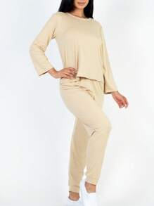 2pcs Pajama Sets For Women Solid Long Sleeve Tee & Pants PJ Set - 米色 - 查看 3