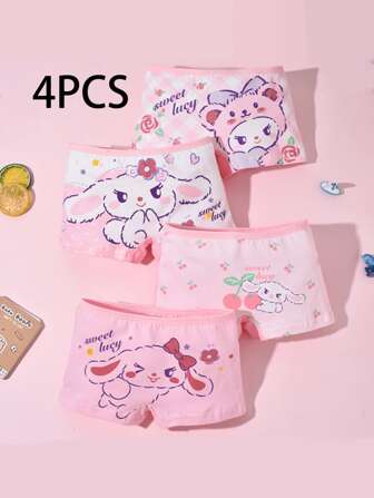 4 件装少女三角裤，可爱兔子图案，舒适透气弹力内裤，适合可爱的日常穿着