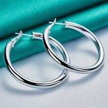 925镀银光滑50毫米圆形耳环，女士时尚婚礼订婚派对首饰 - 銀色 - 查看 3