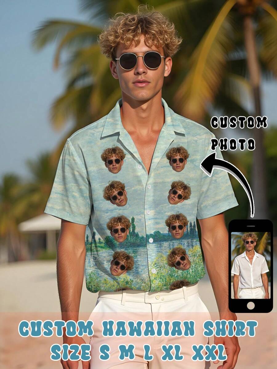 Summer Men Custom Photo 3D Oil Painting Printing Hawaii Vacation Shirt Tops Short Sleeve Unique Artistic Designs & Personalized Style Shirt Unisex Casual Beach Wear Birthday Gift Holiday Gift - Green - View 1