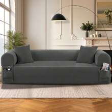 Floor Couch - 3 Seats Compression Sofa With Pillows Hybrid Sofa Pocketed Spring