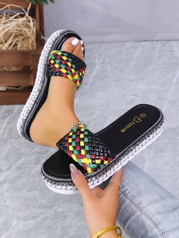 Women Open Toe Casual Slippers, New Summer Korean Style Square Toe Black Beach Sandals, Cute Lightweight Comfortable Fishmouth Thick-Soled Outdoor Holiday Sandals