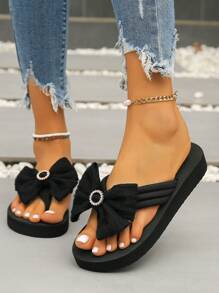 Women's Bow Thong Slippers, Fashion High Heel Flip Flops With Non-Slip Thick Sole, Suitable For Beach, Holiday Vacation, Casual Daily Wear - Black - View 5