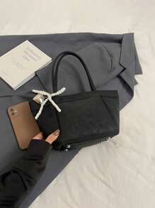 Girls' Fashionable Minimalist Handbag, Cute Bow Decor PU Material Tote - A - View 4