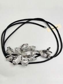 1 件复古银色郁金香花腰带，个性化黑色皮绳腰链，适合女性日常穿着、派对、海滩、聚会 - 銀色 - 查看 3