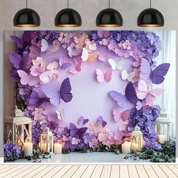 1pc Elegant Purple Butterfly And Pink Butterfly Background Banner - Multi-Size Polyester Fabric For Birthday Parties, Indoor And Outdoor Decorations, Garden Decorations, Weddings, No Electricity Required