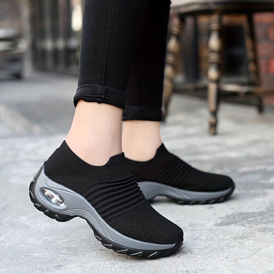Women's Everyday Sneakers With Air Cushion And Breathable Construction - 黑色 - 查看 1