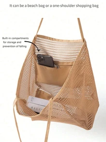 1pc Mesh Tote Bag, Cosmetic Bag, Casual Handbag, Foldable Women's Shoulder Bag For Picnic, Waterproof, Foldable, Essential Bag, Multifunctional Shoulder Shopping Tote, Mesh Hollow Bag, Mesh Bag, Bathroom Storage Bag, Multifunctional Toiletry Bag, Bathroom Bag And Shoulder Tote, Lightweight, Large Capacity, Portable Mesh Beach Bag, Suitable For Family Travel, Vacation, Beach, Camping And Hiking, Summer Holiday Bag