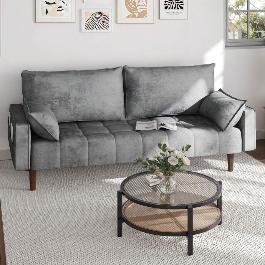 70 Inch Comfy Velvet Fabric Sofa Couch Modern Loveseat With Armrest Small Couch 2 Pillows 3 Seater With Side Storage Pocket For Living Room Bedroom Small Space