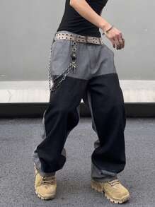 1pc American Street Wear Style, Personalized Patchwork Washed Loose Straight Men Jeans,Cargo Pants - Black - View 3