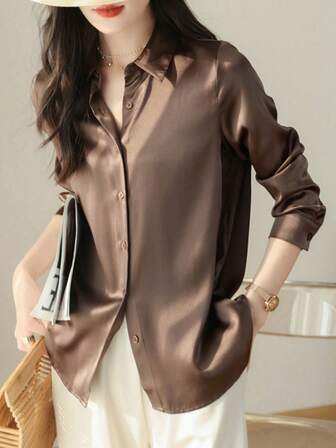 Women's Solid Color Long Sleeve Single-Breasted Casual Commuter Shirt