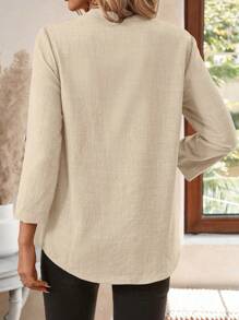 Summer Women's V-Neck Mid-Sleeve Solid Color Simple Top - 卡其色 - 查看 2