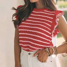 Women's Crochet Knit Striped Sweater Vest, Lightweight Round Neck Ruffle Trim Short Sleeve Top Summer - Multicolor - View 10