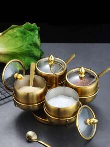 1pc, 250ml Stainless Steel Sugar Bowl With Glass Lid And Spoon - Rust Resistant Jar For Coffee Bar Storage, Kitchen Organizer For Salt, Candy, Coffee Beans 3-Slot 4-Slot With Stand Turntable