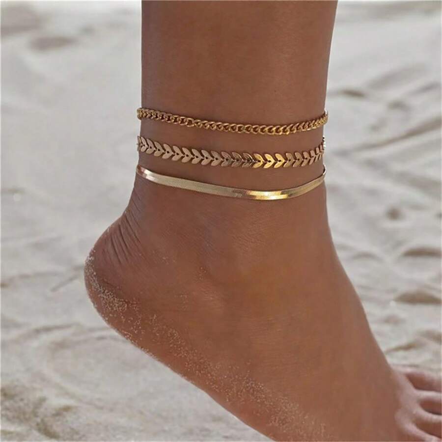 3pcs/Set Gold Color Simple Chain Anklets For Women Beach Foot Jewelry Leg Chain Ankle Bracelets Women Accessories - 3-piece Anklet Set for Women - View 1