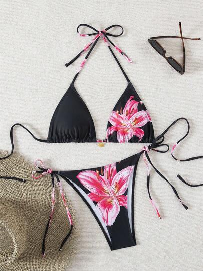 Bikini da donna con stampa floreale, parte superiore a triangolo con lacci e parte inferiore a triangolo con lacci laterali, adatto per l'estate