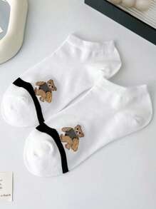 3/5/10pairs Women's Simple White Cartoon Cow & Bear Pattern Ankle Socks, No Show Socks - Multicolor - View 6