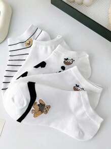 3/5/10pairs Women's Simple White Cartoon Cow & Bear Pattern Ankle Socks, No Show Socks - Multicolor - View 3