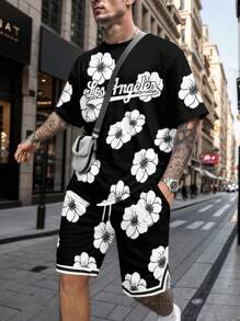 Conjunto casual de camiseta de manga corta con cuello redondo y estampado de letras y flores talla grande talla para hombres, con pantalón corto de cintura con cordón