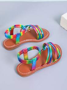 Mädchen bunte Riemchen Elastic Lässig Sandalen, flache rutschfeste Sommer neue Mode Farbblocking Strandlatschen, weich und bequem