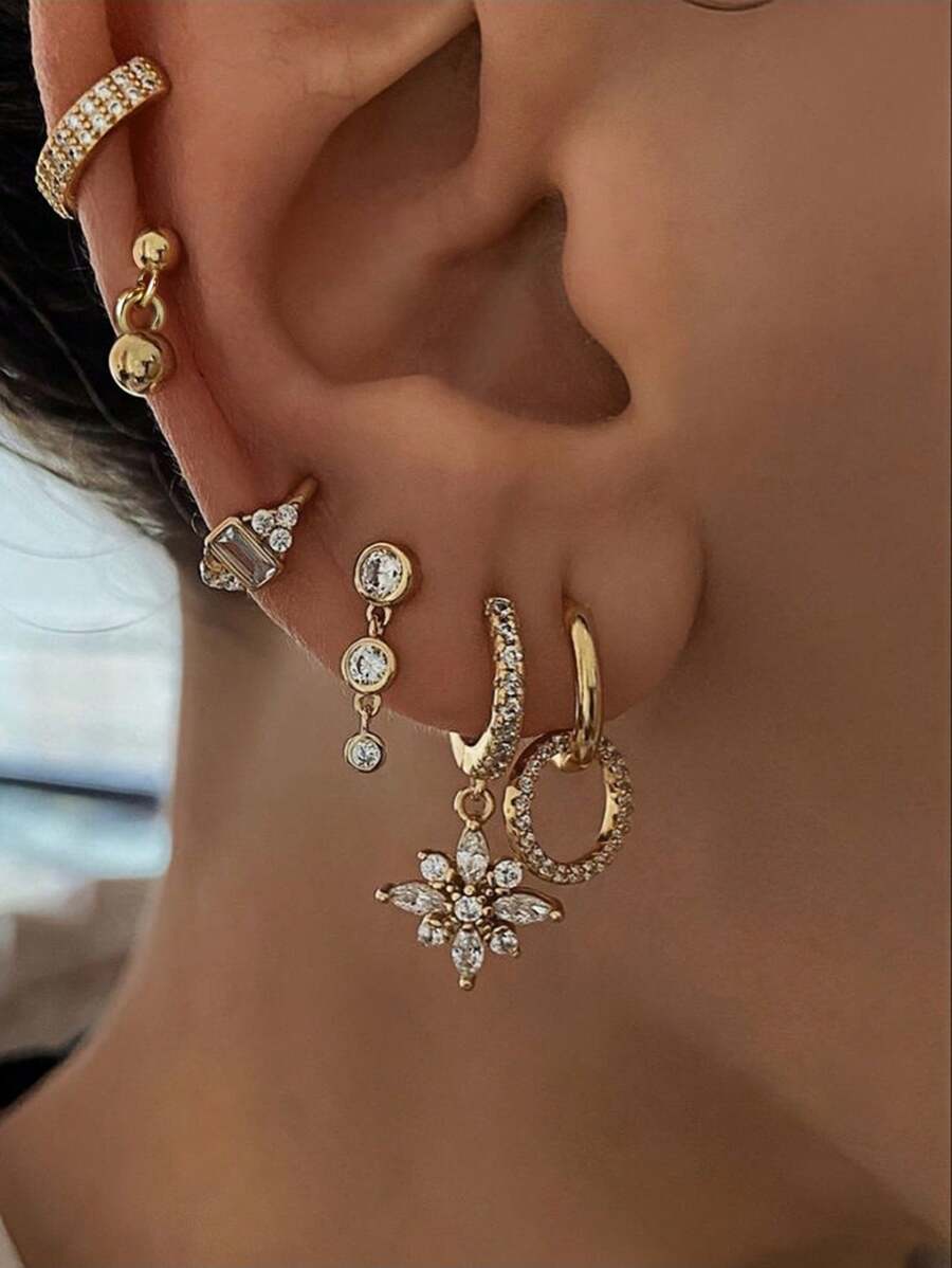 6 件优雅方晶锆石几何环形耳环套装，金色，适合女性日常、派对、婚礼珠宝配饰 - 金黃色 - 查看 1