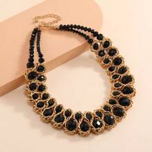 1pc Electroplated KC Gold Aluminum Chain With Classic Black Crystal Elegant Bib Necklace For Women, Suitable For Party, Holiday, Outfitting, Versatile Gift