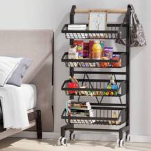 Snack Cart With Wheels 4-Tier Adjustable Fruit Rack Fruit Vegetable Basket Cart Metal Wire Storage Cart Rolling Pantry Utility Kitchen Cart - Black - View 5