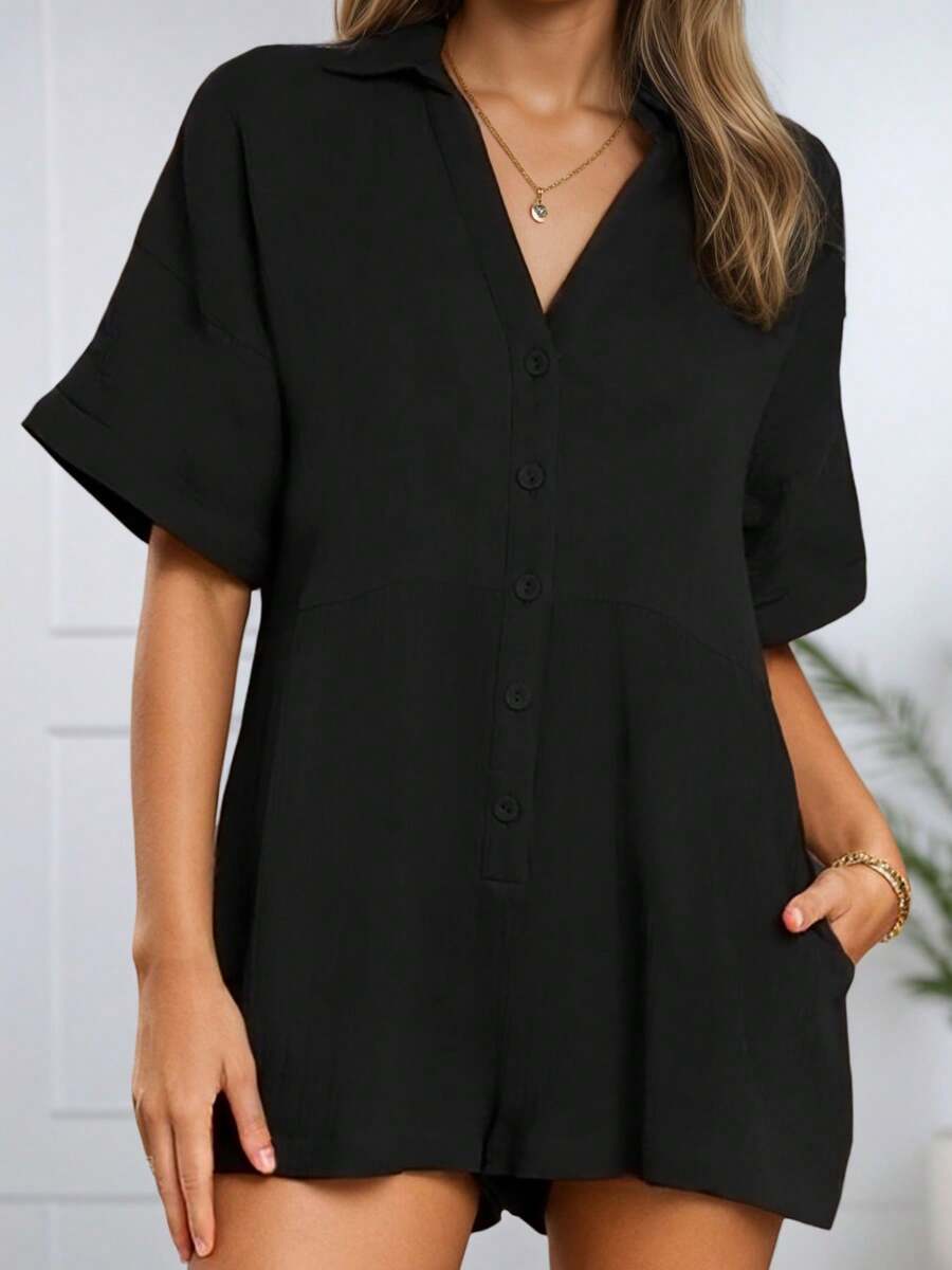 hoteel Women's Vacation Short Sleeve V-Neck Splicing Shirt Jumpsuit, Loose Casual Short Jumpsuit With Pockets - 黑色 - 查看 1