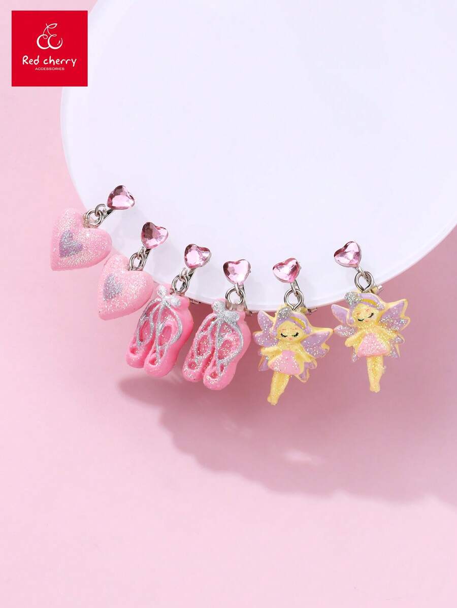 3 Pairs Women Resin Material Pastel Pink Heart, Ballet Shoes, And Fairy Ear Cuffs Jewelry Set, Suitable For Daily Wear - Multicolor - View 1